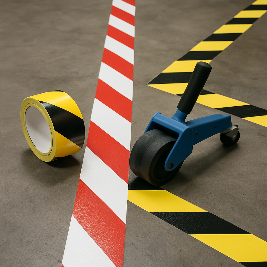Sinalização de solo com tinta e fitas